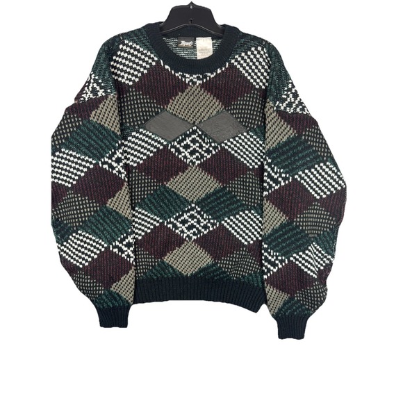 Impact Other - Vintage 90s Impact Leather Patch Geometric Multi-Color Sweater Grandpa Men's L